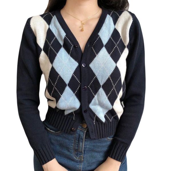 women autumn long sleeve knitted cardigan preppy style vintage argyle plaid sweater coat single breasted button down slim crop t, White
women autumn long sleeve knitted cardigan preppy style vintage argyle plaid sweater coat single breasted button down slim crop t, White