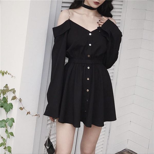 new spring autumn gothic girls dresses hollow out v collar women sling dress long sleeve a line black punk dress, Black;gray
new spring autumn gothic girls dresses hollow out v collar women sling dress long sleeve a line black punk dress, Black;gray