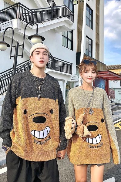 new funny bear oversize sweaters men 2021 winter high streetwear fashion mens pullovers round neck vintage couple sweaters, White;black
new funny bear oversize sweaters men 2021 winter high streetwear fashion mens pullovers round neck vintage couple sweaters, White;black