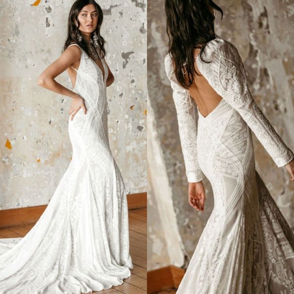 fashion mermaid wedding dresses deep v neck long sleeves appliques lace bridal gowns custom made open back sweep train wedding dress, White
fashion mermaid wedding dresses deep v neck long sleeves appliques lace bridal gowns custom made open back sweep train wedding dress, White