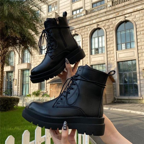 2020 winter fashion women lace up leather goth combat boots ankle boots autumn platform designer lady cool shoes1, Black