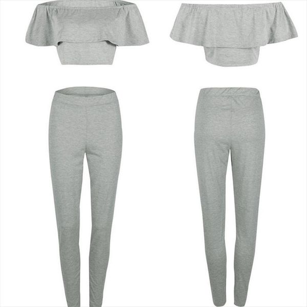 women sports tracksuits 2pcs sets off shoulder crop ruffle solid color tees high waist long pants 3colors plus size, Gray
women sports tracksuits 2pcs sets off shoulder crop ruffle solid color tees high waist long pants 3colors plus size, Gray