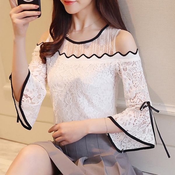 women's crochet lace floral cold shoulder flare half sleeve blouse female fashion elegant shirt, White
women's crochet lace floral cold shoulder flare half sleeve blouse female fashion elegant shirt, White