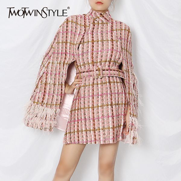 twotwinstyle plaid patchwork tassel jacket for women turtleneck long sleeve high waist with sashes pink casual coat female 201029, Black;brown
twotwinstyle plaid patchwork tassel jacket for women turtleneck long sleeve high waist with sashes pink casual coat female 201029, Black;brown