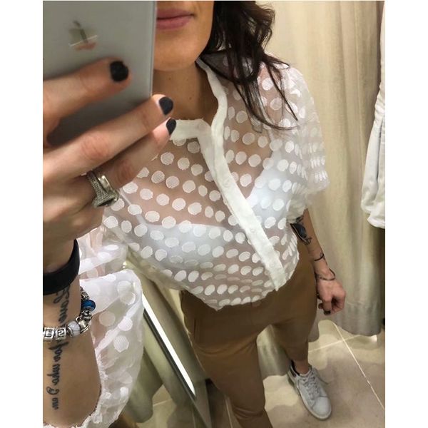 2021 new elegant women summer chiffon shirt thin translucent polka dot blouses office lady long sleeves outerwear to8e, White
2021 new elegant women summer chiffon shirt thin translucent polka dot blouses office lady long sleeves outerwear to8e, White