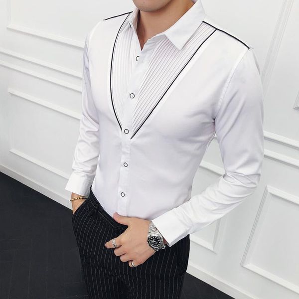 men's dress shirts contrast piping v shape pleating shirt wedding party club slim fit long sleeve button down fashion designer korean, White;black
men's dress shirts contrast piping v shape pleating shirt wedding party club slim fit long sleeve button down fashion designer korean, White;black