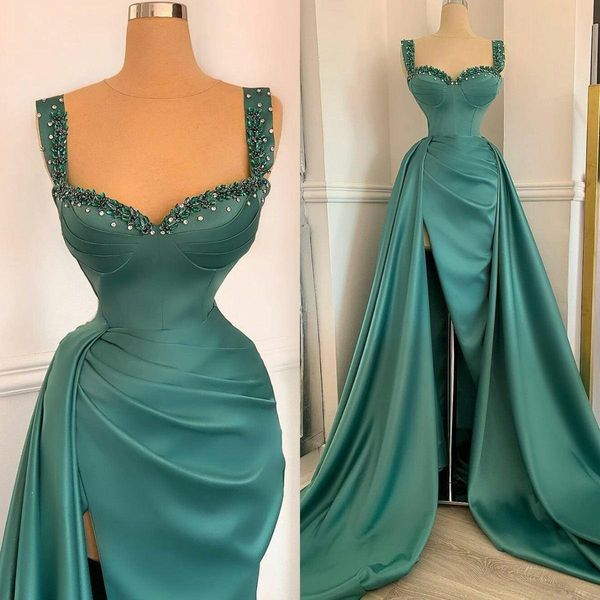 2021 modest green prom dresses straps beaded side slit satin overskirt sweep train custom made evening party gowns vestido de noche, Black
2021 modest green prom dresses straps beaded side slit satin overskirt sweep train custom made evening party gowns vestido de noche, Black