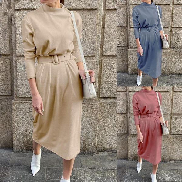 women autumn winter solid color long sleeve mock neck belt knitted midi dress, Black;gray
women autumn winter solid color long sleeve mock neck belt knitted midi dress, Black;gray