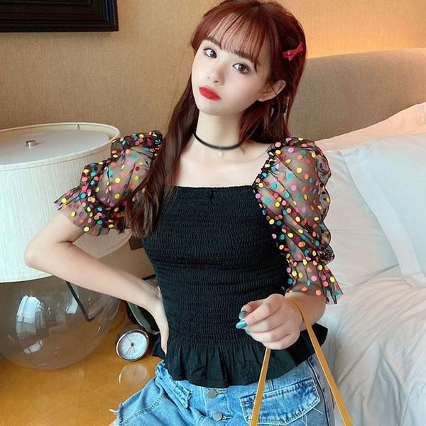 women blouse polka dot square neck blouses puff sleeves waist thin sweet wild short-sleeved chiffon shirt, White
women blouse polka dot square neck blouses puff sleeves waist thin sweet wild short-sleeved chiffon shirt, White