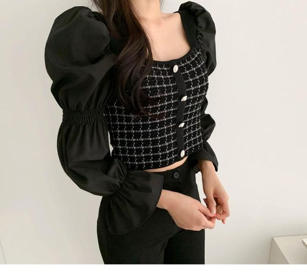 women chic french style retro knitted patchwork shirt square collar slim fit blouse women flare sleeve femme blusas 371, White 
women chic french style retro knitted patchwork shirt square collar slim fit blouse women flare sleeve femme blusas 371, White