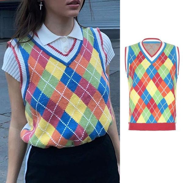 women knit sleeveless vest colorful rhombus plaid sweater v-neck loose tank r3mc kg-186, White;black
women knit sleeveless vest colorful rhombus plaid sweater v-neck loose tank r3mc kg-186, White;black
