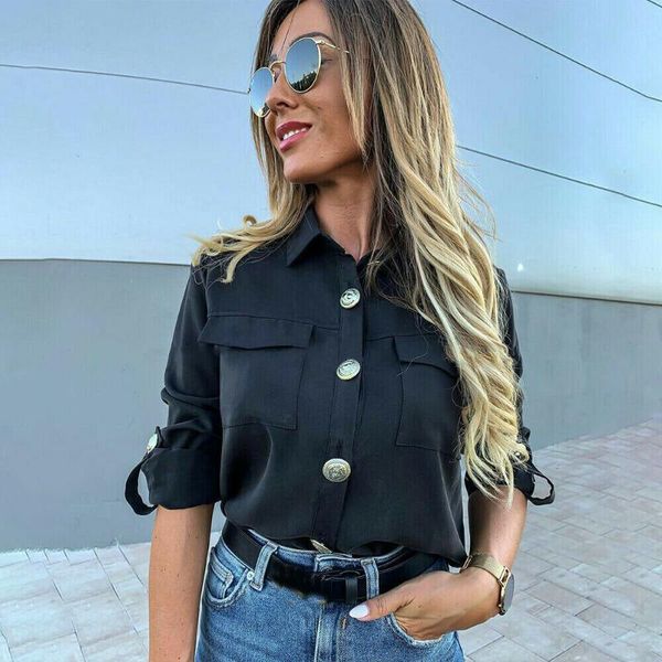 women long half sleeve loose shirts shirt clothes plain casual button blouse office lady summer chiffon shirts blusa feminina, White 
women long half sleeve loose shirts shirt clothes plain casual button blouse office lady summer chiffon shirts blusa feminina, White