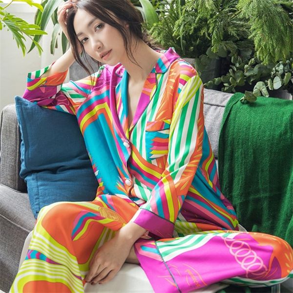 once again silk pajamas women spring korean fashion sleepwear plus size cardigan long sleeves long pants suit satin pyjamas y200708, Black;red
once again silk pajamas women spring korean fashion sleepwear plus size cardigan long sleeves long pants suit satin pyjamas y200708, Black;red