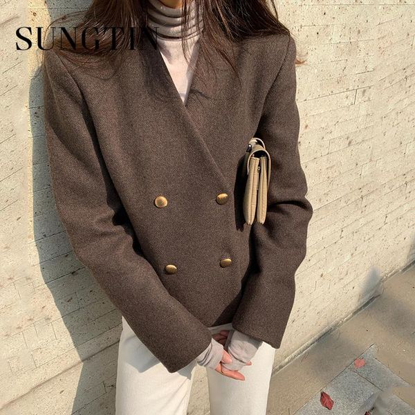 sungtin vintage faux woolen jacket women korean elegant loose v neck cropped coat thick warm double breasted solid outwear chic, Black;brown
sungtin vintage faux woolen jacket women korean elegant loose v neck cropped coat thick warm double breasted solid outwear chic, Black;brown
