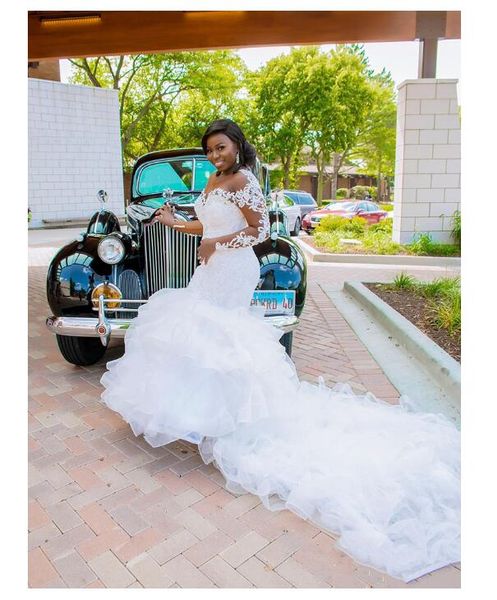 luxury mermaid wedding dresses ruffles organza skirt illusion long sleeve beading lace bridal gowns custom made plus size, White 
luxury mermaid wedding dresses ruffles organza skirt illusion long sleeve beading lace bridal gowns custom made plus size, White