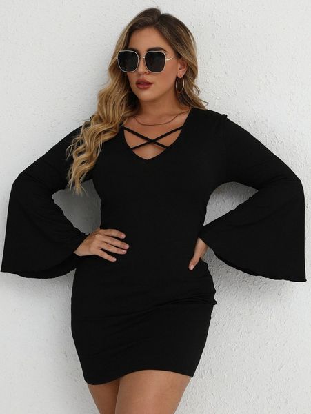 plus crisscross flounce sleeve bodycon dress y6cd#, Black