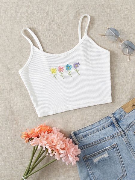 floral embroidered crop cami r9xh#, White
