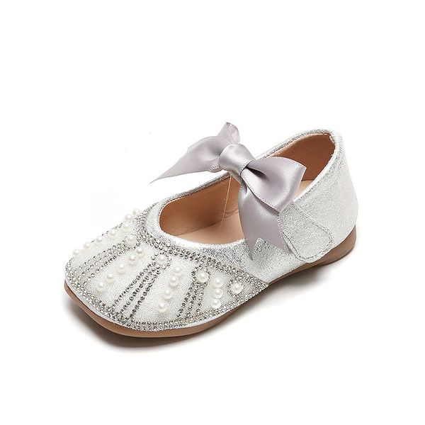 

Sandals for Girls Spring Summer Children Kids Baby Girls Bowknot Flat Crystal Princess Wedding Shoes White Pink Party Dress Shoe, Silver