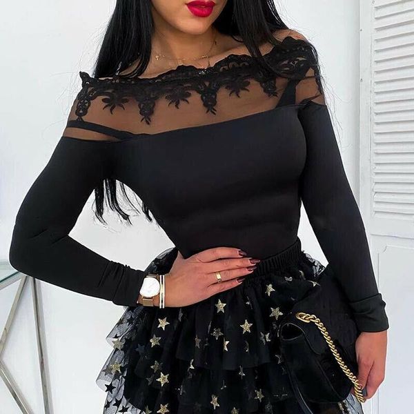 2021 women mesh sheer see through patchwork tee shirt long sleeve lace off shoulder slim fit blouse, White
2021 women mesh sheer see through patchwork tee shirt long sleeve lace off shoulder slim fit blouse, White