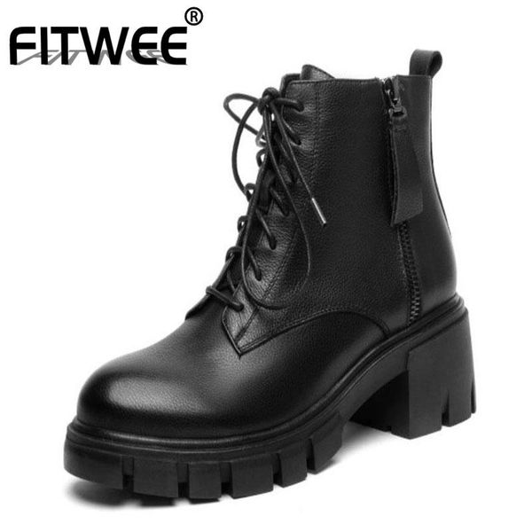 fitwee real leather women ankle boots cross strap fashion platform high heel winter shoes woman warm zip footwear size 34-39, Black