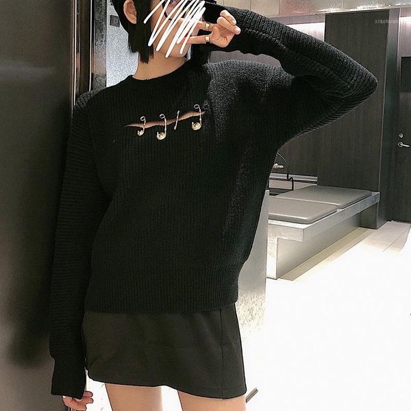 2019 autumn/winter new chest opening hollow pin threaded black trim knitted black sweater woman1, White;black
2019 autumn/winter new chest opening hollow pin threaded black trim knitted black sweater woman1, White;black