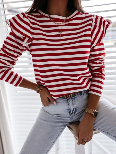 women's blouses & shirts fashion shoulder ruffles striped blouse women pullover casual lady long sleeve round neck shirt autumn spring, White
women's blouses & shirts fashion shoulder ruffles striped blouse women pullover casual lady long sleeve round neck shirt autumn spring, White
