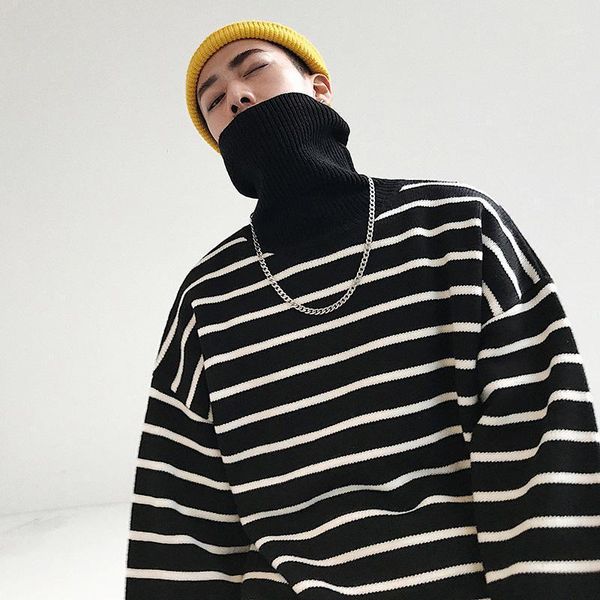 turtleneck sweater men's korean fashion loose striped sweater personality versatile winter pullover coat1, White;black
turtleneck sweater men's korean fashion loose striped sweater personality versatile winter pullover coat1, White;black
