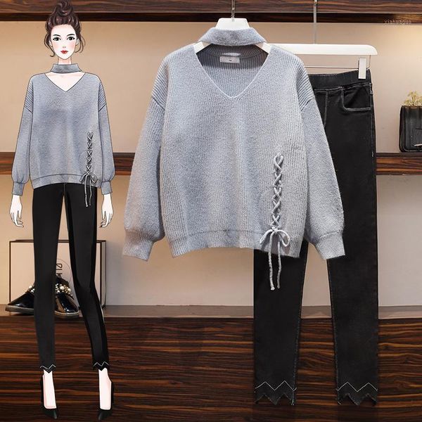 big yards new winter v-neck bowknot sweater jeans pants women two-piece clothing set outfit vogue leisure lady suit1, Gray
big yards new winter v-neck bowknot sweater jeans pants women two-piece clothing set outfit vogue leisure lady suit1, Gray