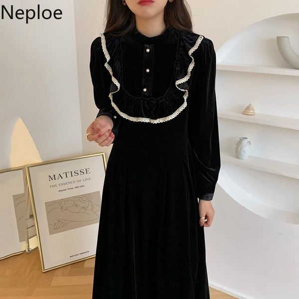 neploe korean maxi dresses for women vintage o-neck robe pearl button ruffles vestidos high waist slim fit velvet black dress, Black;gray
neploe korean maxi dresses for women vintage o-neck robe pearl button ruffles vestidos high waist slim fit velvet black dress, Black;gray