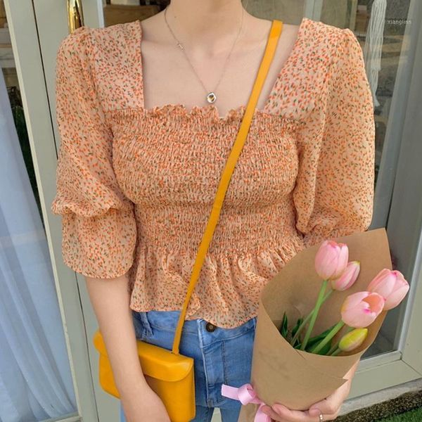 women blouse vintage floral summer square collar print shirts pleated chiffon french style 1, White
women blouse vintage floral summer square collar print shirts pleated chiffon french style 1, White