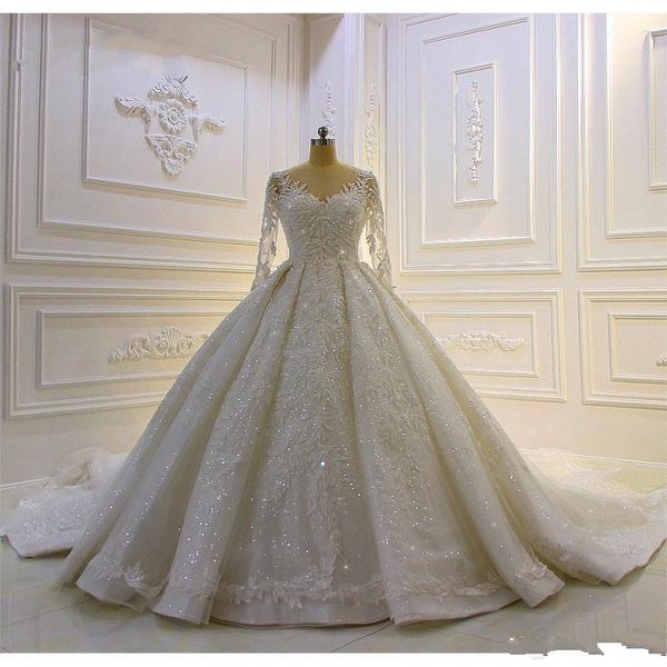 modest 2020 ball gown wedding dresses long sleeve bridal gowns sheer jewel neck lace appliqued sequins plus size robe de mariee custom made, White 
modest 2020 ball gown wedding dresses long sleeve bridal gowns sheer jewel neck lace appliqued sequins plus size robe de mariee custom made, White