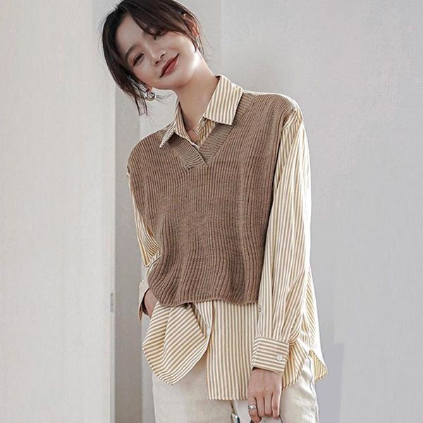 2020 new autumn long sleeve pullover fashion hit color knitted splice two-piece striped shirt blouse women clothes, White
2020 new autumn long sleeve pullover fashion hit color knitted splice two-piece striped shirt blouse women clothes, White