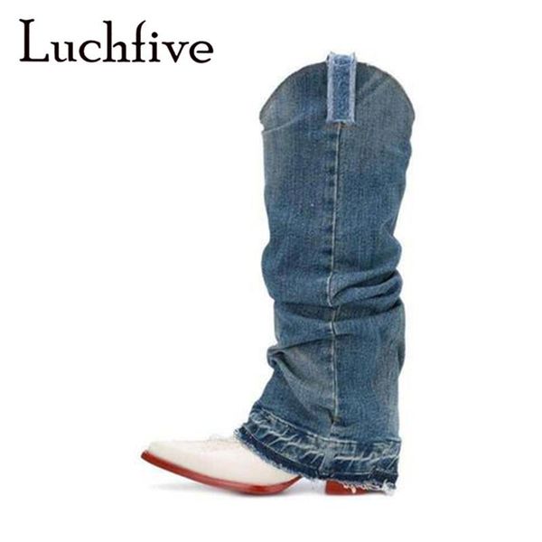 western cowboy boots denim blue pant style knee high boots bohemian runway t-stage leather shoes women block heel botas de mujer, Black
western cowboy boots denim blue pant style knee high boots bohemian runway t-stage leather shoes women block heel botas de mujer, Black