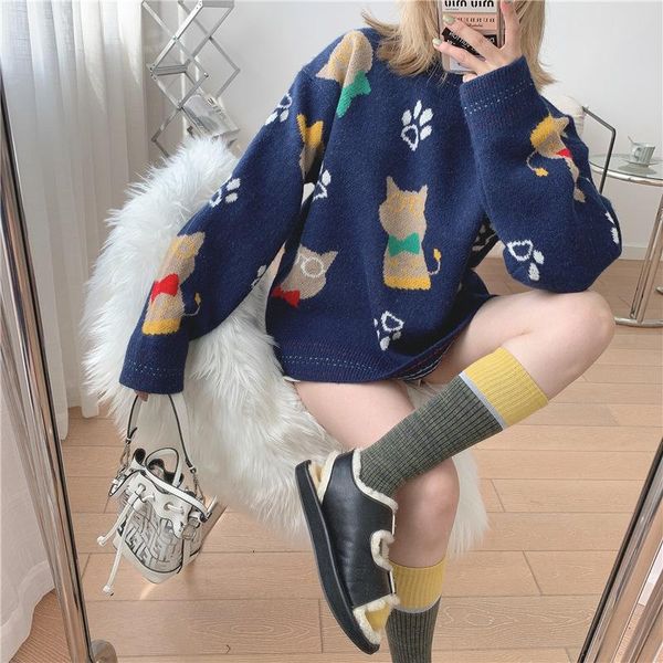 autumn and winter new cartoon glasses cat cute girl loose round neck knitted pullover women, White;black