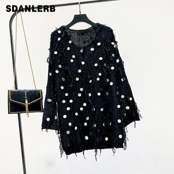 fall/winter long sweater oversize jumper ladies new round neck slim long sleeve sequins tassels joker sweater sweter damski1, White;black
fall/winter long sweater oversize jumper ladies new round neck slim long sleeve sequins tassels joker sweater sweter damski1, White;black