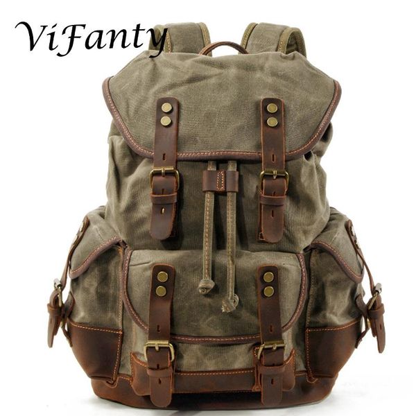 men travel backpack,leather-waxed canvas shoulder hiking rucksack