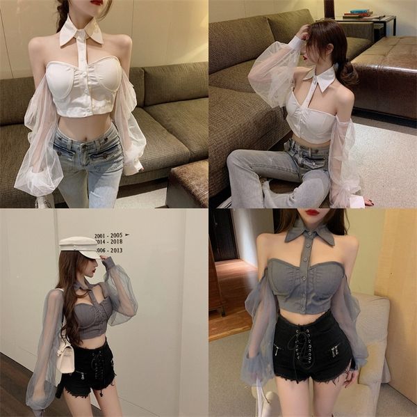 autumn 2020 new slim long sleeve hanging neck short off shoulder mesh stitching shirt for women
autumn 2020 new slim long sleeve hanging neck short off shoulder mesh stitching shirt for women