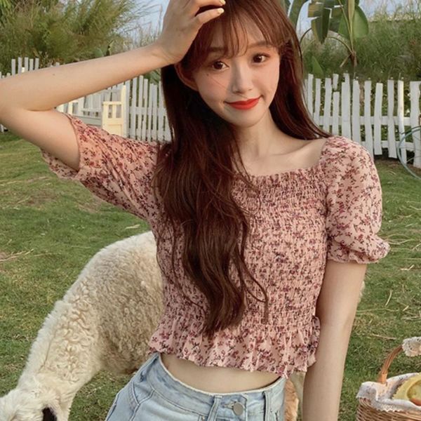 women's blouse summer floral print square collar sweet new girls short sleeve chiffon fashion blouse, White
women's blouse summer floral print square collar sweet new girls short sleeve chiffon fashion blouse, White