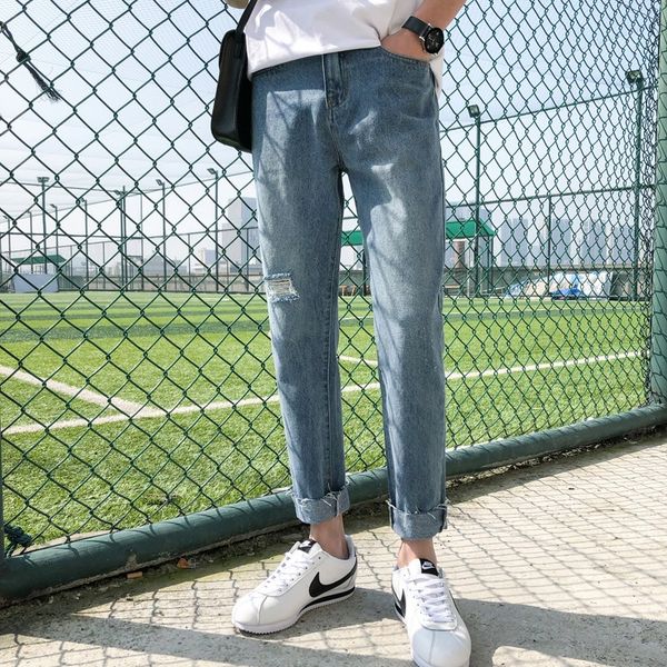 men's spring autumn broken small feet jeans and jeans capris solid color 9-point straight beggars' pants trendy and handsome pants, Blue
men's spring autumn broken small feet jeans and jeans capris solid color 9-point straight beggars' pants trendy and handsome pants, Blue