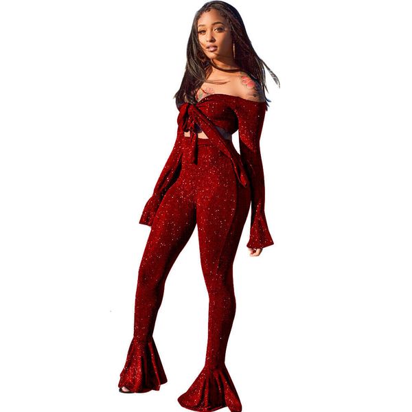 fashion two piece set tracksuits women off shoulder long sleeve crop elastic high waist flare pants party outfits blue tracksuit 
fashion two piece set tracksuits women off shoulder long sleeve crop elastic high waist flare pants party outfits blue tracksuit