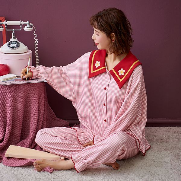 2021 new autumn spring cotton pajama set for women plus size printing plaid nightwear down collar sweet female sleepwear ykj3, Black;red
2021 new autumn spring cotton pajama set for women plus size printing plaid nightwear down collar sweet female sleepwear ykj3, Black;red