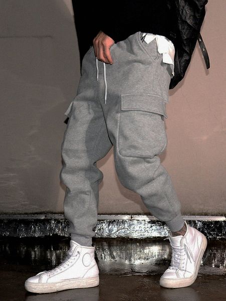 men drawstring waist flap pocket sweatpants x3so#, Black