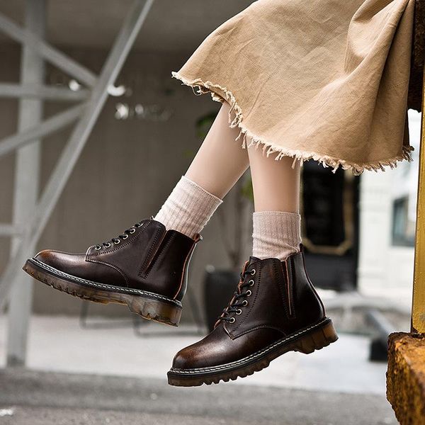 women's retro genuine leather shoes autumn new women ankle boots lace-up student ladies platform shoes botines mujer 2020, Black
women's retro genuine leather shoes autumn new women ankle boots lace-up student ladies platform shoes botines mujer 2020, Black