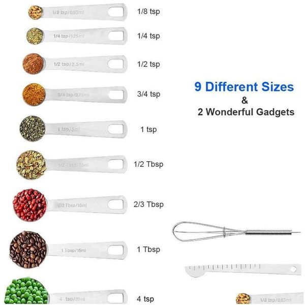 measuring spoons stainless steel set 11pcs includes 9 stainless steel metal measuring spoons, leveler egg whisk, kitchen jllula allguy 
measuring spoons stainless steel set 11pcs includes 9 stainless steel metal measuring spoons, leveler egg whisk, kitchen jllula allguy