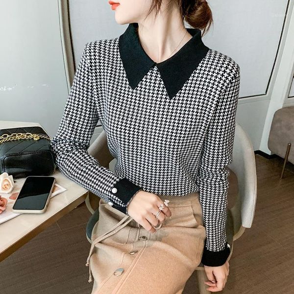 new elegant women autumn winter houndstooth knit bottoming shirt doll collar sweater coat1, White;black
new elegant women autumn winter houndstooth knit bottoming shirt doll collar sweater coat1, White;black