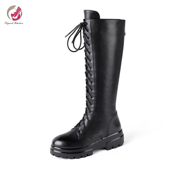 boots original intention cool genuine leather black knee high woman round toe platform flats cross-tied casual commuting
boots original intention cool genuine leather black knee high woman round toe platform flats cross-tied casual commuting