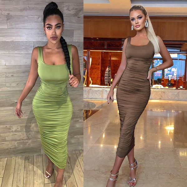 ruched solid bodycon party dresses women fashion sleeveless skinny clubwear dress, Black;gray