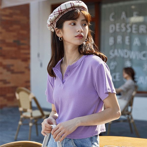 2020 summer new korean version t-shirt versatile solid color three button high waist slim round neck short short sleeve t-shirt for wome, White
2020 summer new korean version t-shirt versatile solid color three button high waist slim round neck short short sleeve t-shirt for wome, White