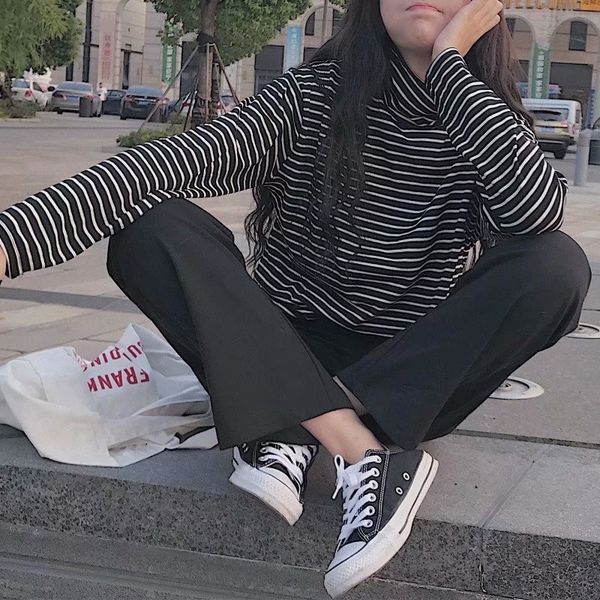 large women's autumn new style with bottoming rendy high collarblack and white opcoatstripe loose student long sleeve t-shirt 98
large women's autumn new style with bottoming rendy high collarblack and white opcoatstripe loose student long sleeve t-shirt 98