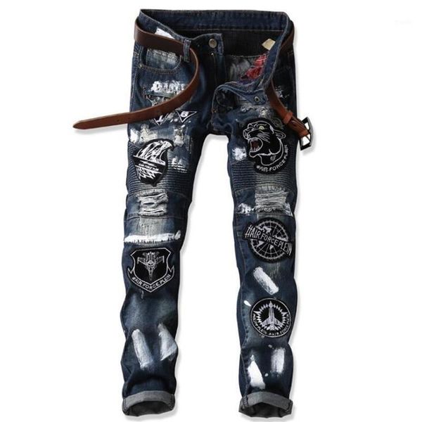 men's jeans hip hop mens patchwork badge fantastic style creative pattern biker punk causal distressed striking luxury clothing1, Blue
men's jeans hip hop mens patchwork badge fantastic style creative pattern biker punk causal distressed striking luxury clothing1, Blue